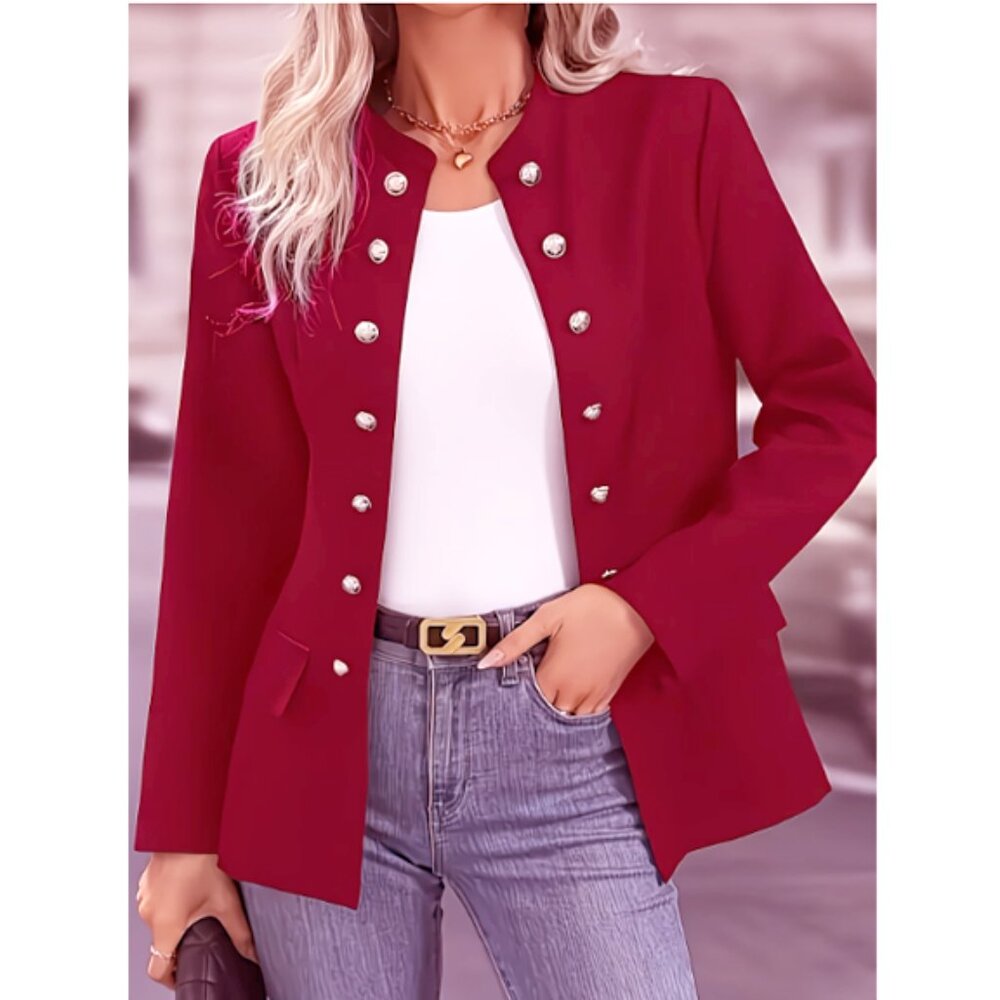 Vibrant Red Military Style Double Breasted Blazer Gold Buttons Size M